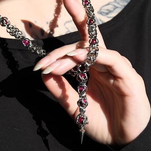 Belladonna - Rosary-Style Chainmail Necklace - Captive Stone Beads with Spike Drop - Stainless Steel Handmade Gothic