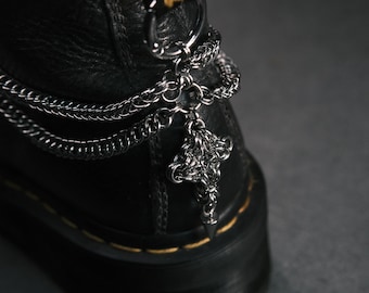 Noctuidae - Dr Martens Handmade Boot Chains with Diamond/Cross Pendant - Chainmail Stainless Steel Pair