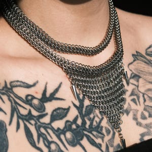 Hawthorn - Triangular Spiked Chainmail Collar - Statement Bib Necklace - Stainless Steel Gothic