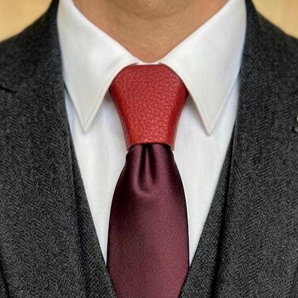 Handmade Tie Knot Cover - Deep Red Textured Tie Clip for Men's Ties