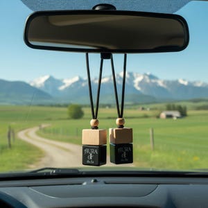 May include: Two car air fresheners hanging from a rearview mirror. Each freshener has a wooden top and a black square base with the text "AURA d' dulia". The background shows a scenic view of mountains and a winding road.