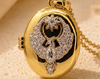 Gold Phoenix Locket Necklace – Oval Photo Locket with Crystal Wings – Memory Keepsake Jewelry, Personalized Meaningful Gift for Her