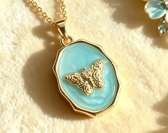 Gold Enamel Butterfly Photo Locket Necklace with Engrave or photo, Personalized gift