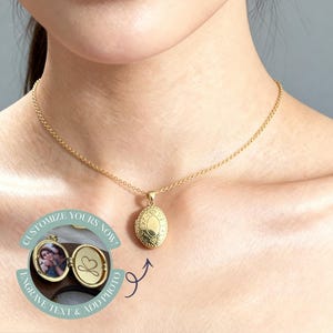 May include: A gold-colored oval locket necklace with a delicate chain. The locket is open, revealing a photo and a heart design. Text on the image reads "Customize Yours Now! Engrave Text & Add Photo."