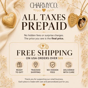 May include: Two gold-toned heart-shaped lockets on chains. One locket is closed with an engraved floral pattern, while the other is open, revealing a photograph of a couple and the text Forever in my heart. The image includes the brand name CHARMYCO.