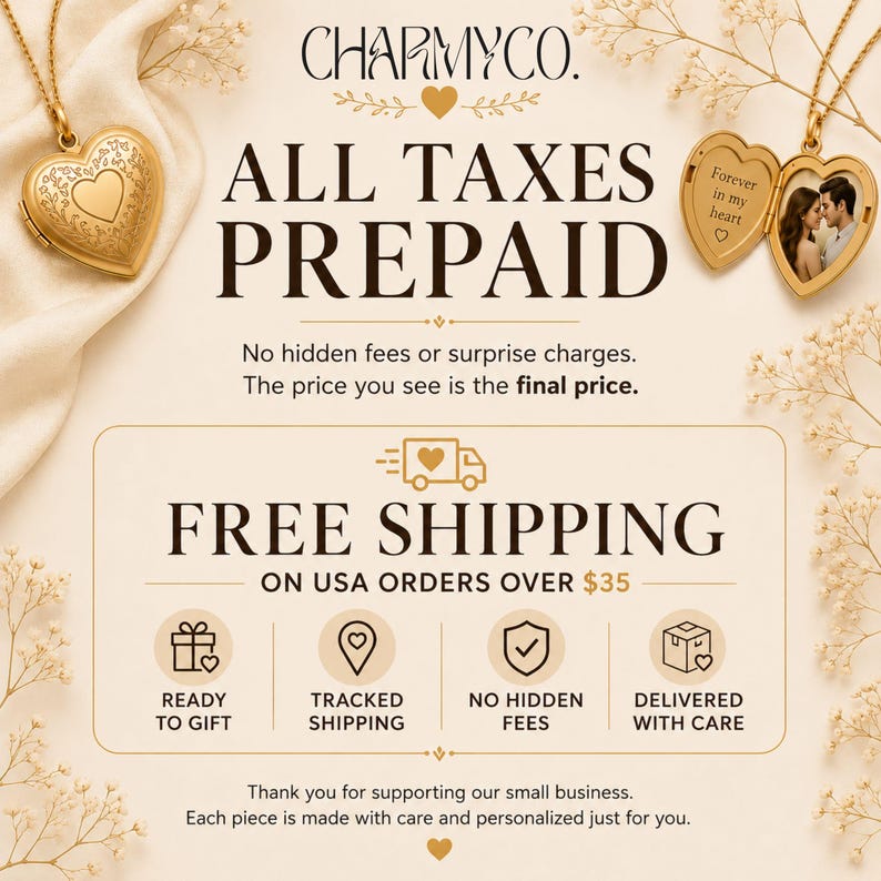 May include: Two gold-toned heart-shaped lockets on chains. One locket is closed with an engraved floral pattern, while the other is open, revealing a photograph of a couple and the text Forever in my heart. The image includes the brand name CHARMYCO.