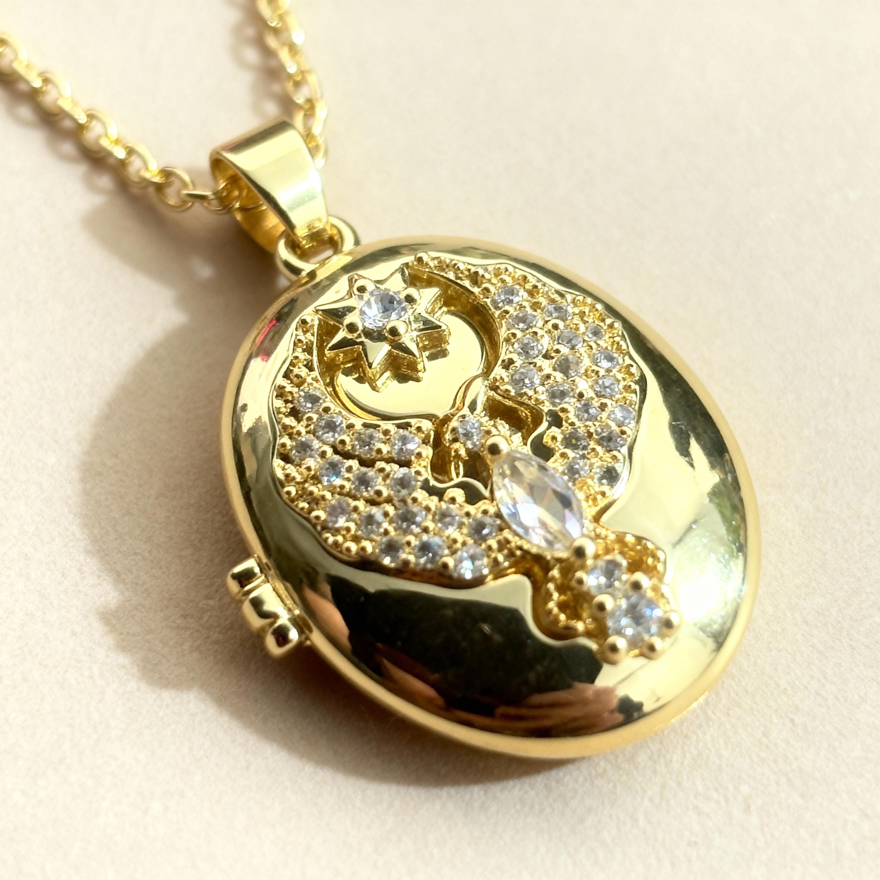 Phoenix Oval Locket Necklace, Gold Crystal Photo Locket Pendant ...