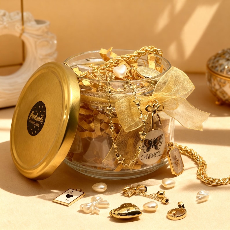 May include: A clear glass jar with a gold lid, filled with gold-toned jewelry, chains, and charms. A gold ribbon is tied around the neck of the jar. The jar features a circular label with a butterfly graphic and the text CHARMYCO.