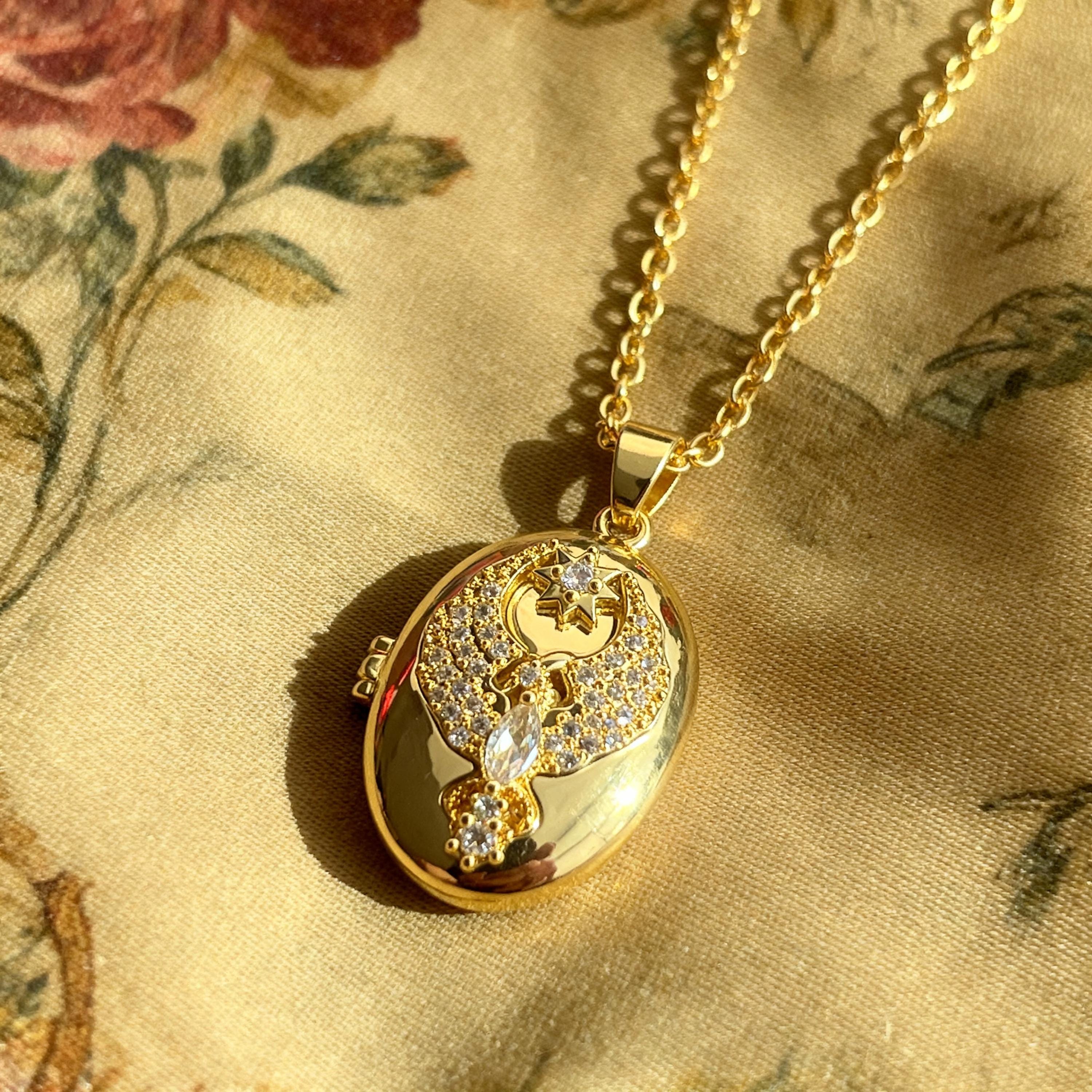 Phoenix Oval Locket Necklace, Gold Crystal Photo Locket Pendant ...