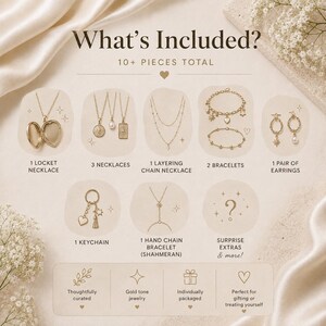 May include: A jewelry collection set labeled What's Included? 10+ Pieces Total, featuring a heart locket, three necklaces, a layering chain, two bracelets, a pair of earrings, a keychain, a hand chain bracelet, and surprise extras in gold tone.