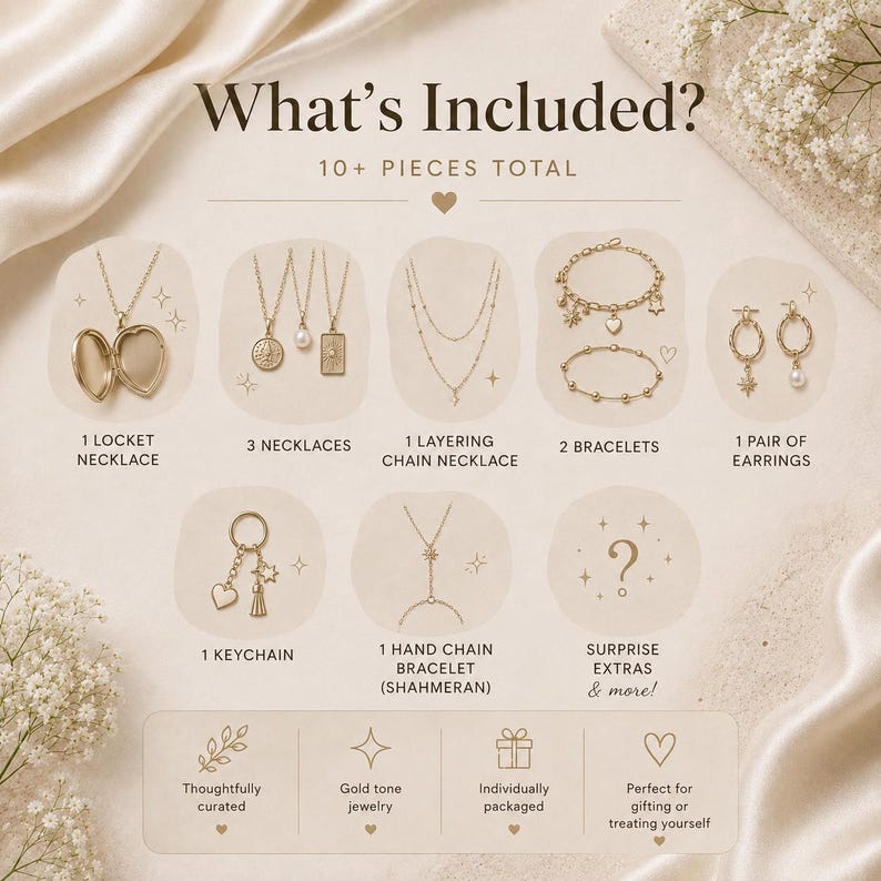 May include: A jewelry collection set labeled What's Included? 10+ Pieces Total, featuring a heart locket, three necklaces, a layering chain, two bracelets, a pair of earrings, a keychain, a hand chain bracelet, and surprise extras in gold tone.