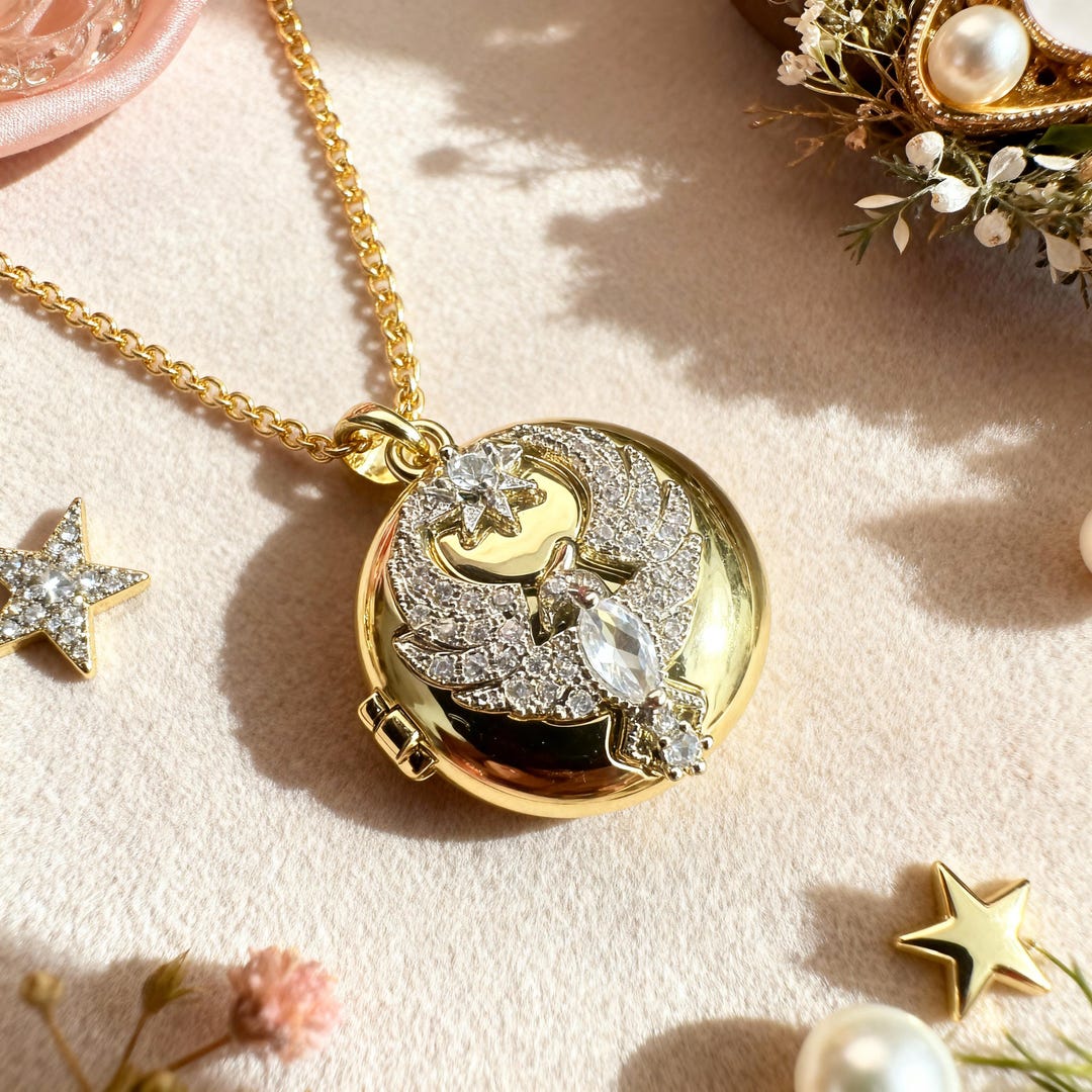 Phoenix Round Locket Necklace, Gold Crystal Photo Locket Pendant ...