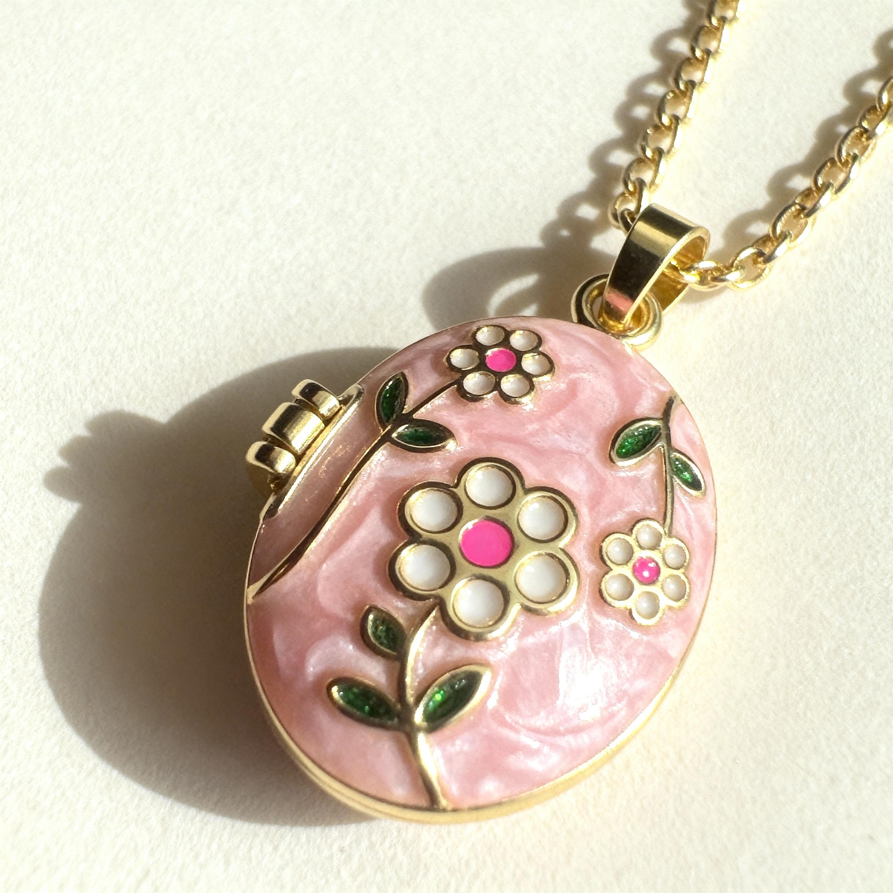 Pink Floral Oval Locket Necklace