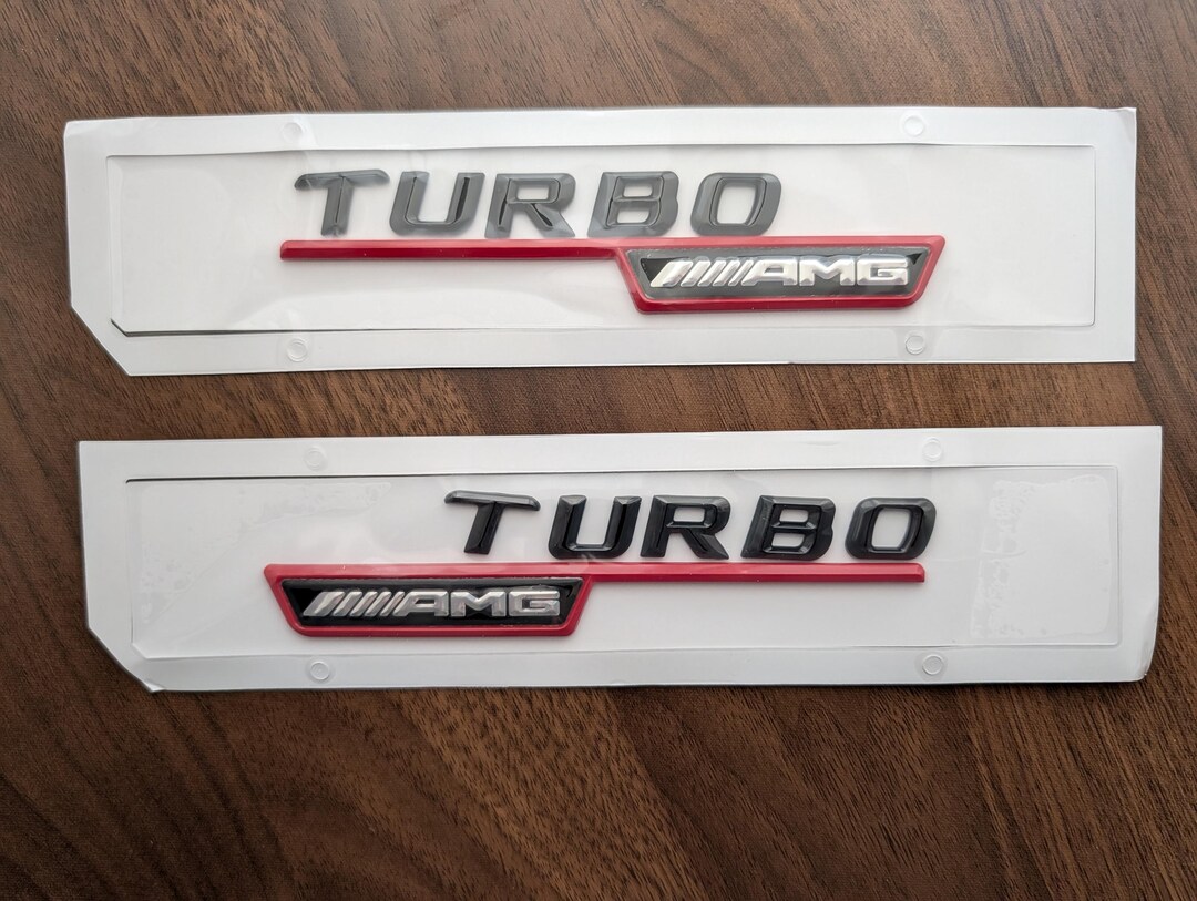 2 TURBO AMG Adhesive Emblems - Black and Red Sport Side Badges 150mm ...