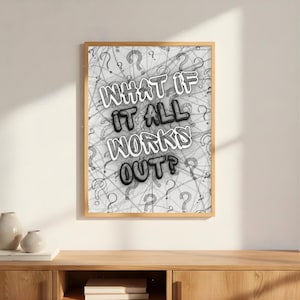 Könnte beinhalten: Ein gerahmter Druck mit dem Text "WHAT IF IT ALL WORKS OUT?" in einer kräftigen, stilisierten Schriftart. Der Hintergrund zeigt ein Muster aus Fragezeichen und Linien in Grautönen, mit einem hellen Holzrahmen.