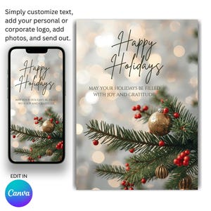Puede incluir: Diseño de tarjeta de felicitación navideña con el texto "Happy Holidays" y un arreglo festivo de ramas de hoja perenne, adornos dorados y bayas rojas. El diseño se muestra en un teléfono inteligente y una tarjeta, con un fondo borroso.