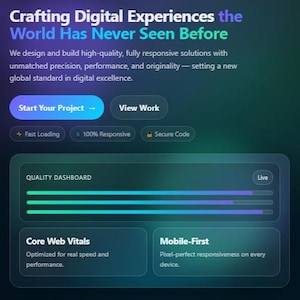 以下が含まれることがあります： 「Crafting Digital Experiences the World Has Never Seen Before」というテキストが入ったデジタルデザインのグラフィック。画像には「Start Your Project」と「View Work」と書かれたボタンが含まれています。追加のテキストは、Webデザインサービスについて説明しています。