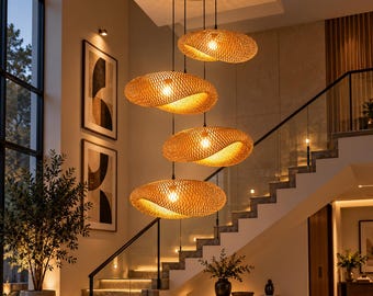 Lámpara colgante tejida, lámpara colgante de bambú, lámpara de techo bohemia hecha a mano, lámpara de cesta, regalos para él, decoración del hogar, iluminación, regalo de inauguración de casa
