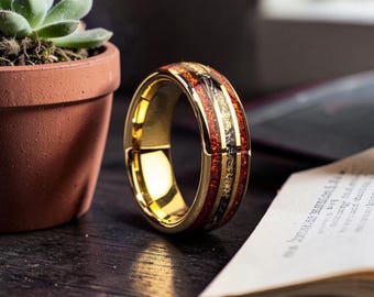 Red Opal Meteorite Gold Foil Inlay Tungsten Ring | Unique Mens Wedding Band | Gold Tungsten Mens Engagement Ring with Ring Box
