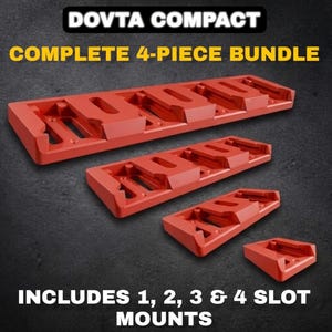May include: A Dovta Compact complete 4-piece bundle of red tool mounts. The set includes four rectangular mounts with varying numbers of slots, specifically one, two, three, and four slots, arranged in a descending size order on a dark surface.