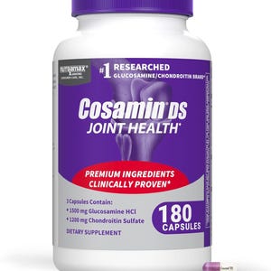 May include: A white bottle of Cosamin DS Joint Health capsules with a purple lid and label. The label includes the text "#1 Researched Glucosamine/Chondroitin Brand" and "180 Capsules". A single capsule is visible.