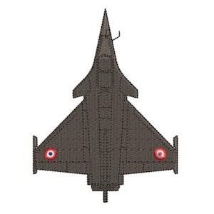 May include: A detailed, dark gray embroidered patch of a jet fighter plane. The patch features the French flag's roundel on each wing. The design is a top-down view of the aircraft, showcasing its sleek, angular shape.