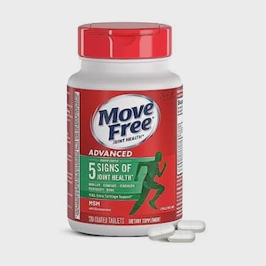 May include: A red and white bottle of "Move Free" joint health dietary supplement. The label highlights "Advanced" support for 5 signs of joint health. The bottle contains 120 coated tablets and is accompanied by three loose tablets.