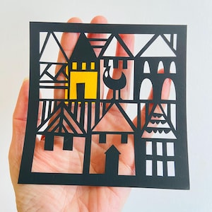 Papercut Template, diy Art, Hillside PDF JPEG for Handcut & SVG for Silhouette Cameo or Cricut,Buildings