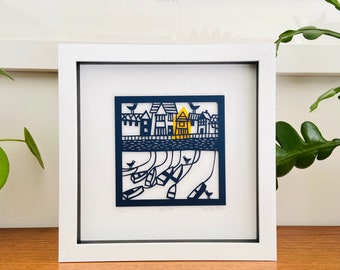 Framed Harbour Paper Cut Art: Coastal Scherenschnitte Collage