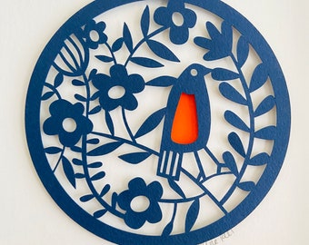 3d Paper Wall Art / Bird Artwork / Collage Art / Paper Cut Out Art / Circle Wall Art / Bird Wall Art / Swedish Folk Art / Nordic Folk Art