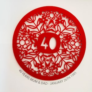 Ruby Wedding Anniversary / Anniversary Gift for Parents / 40th Anniversary Gifts / Intricate Paper Cut / Circle Wall Art