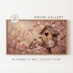 Quadro romântico de primavera para TV em tela Hisense: Pintura de pássaros em uma cerejeira em flor.