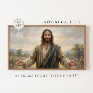 May include: A framed artwork featuring a portrait of a man with long hair and a beard, wearing a robe and a blue shawl. The artwork is set against a backdrop of a cloudy sky and a landscape with figures. The text "NOVIKI GALLERY" and "4K FRAME TV ART | FITS UP TO 85" are visible.