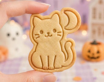 Halloween Cat Moon Cookie Cutter and Stamp, Kawaii Cat Cookie Cutter, Sitting Cat with Moon, Gift for Baker