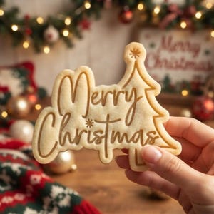 May include: A light beige cookie shaped like a Christmas tree with the embossed text Merry Christmas in a cursive script. The cookie features a star detail at the top of the tree and a small star symbol between the words Merry and Christmas.