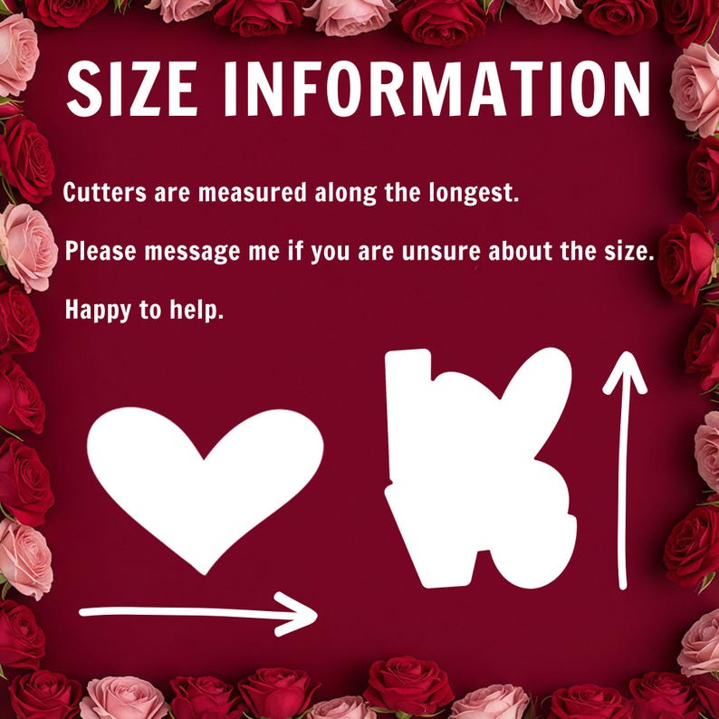 K&ouml;nnte beinhalten: Roter Hintergrund mit wei&szlig;em Text, der &bdquo;GR&Ouml;&szlig;ENINFORMATIONEN&ldquo; lautet. Das Bild zeigt ein wei&szlig;es Herz und das Wort &bdquo;Liebe&ldquo; mit Pfeilen, die die Messrichtungen angeben. Das Bild ist mit roten und rosa Rosen umrahmt.