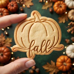 May include: A light tan, pumpkin-shaped biscuit featuring a debossed outline of a pumpkin and the word fall written in a cursive script across the centre. The biscuit has a smooth, baked texture and a distinct, raised border around the entire shape.