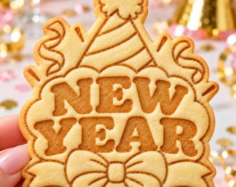 Puede incluir: Una galleta horneada de color tostado claro con forma de gorro de fiesta y las palabras NEW YEAR grabadas en el centro. La galleta presenta un lazo decorativo en la parte inferior y detalles de cintas onduladas en los laterales.