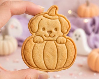 Halloween Dog in Pumpkin Cookie Cutter and Stamp, Puppy Witch Hat Cookie Cutter, Dog Halloween Cookie Stamp, Gift for Dog Lover Baker