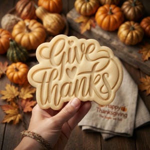 May include: A beige cookie cutter with a scalloped edge featuring the embossed text Give thanks and two small heart shapes. The design is crafted from a light-colored material with a smooth finish, showing clear, deep indentations for the lettering.