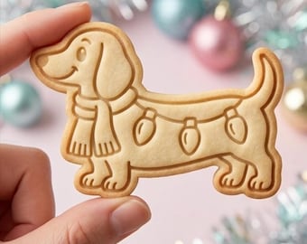 Christmas Dachshund Cookie Cutter and Stamp, Sausage Dog Cookie Cutter, Festive Dog Baking Gift