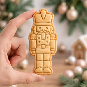 May include: A light tan, baked nutcracker-shaped cookie with embossed details including a tall hat, a mustache, a jacket with buttons, and boots. The cookie has a smooth, uniform surface texture and is held upright against a blurred background.