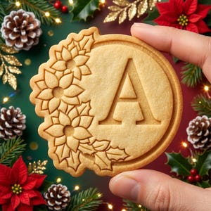 May include: A round, light brown cookie featuring a debossed capital letter A in the center. The left side of the cookie is decorated with a raised, embossed pattern of three poinsettia flowers and holly leaves along the circular edge.