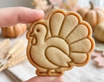 May include: A light brown, turkey-shaped cookie with embossed details outlining the bird's head, body, wing, and fanned tail feathers. The cookie has a smooth, baked surface and a scalloped edge that follows the contour of the turkey's tail.