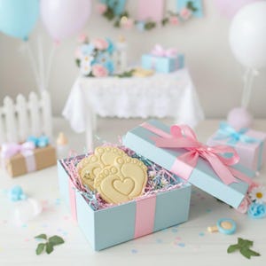 May include: A light blue gift box tied with a pink ribbon, containing two yellow cookies shaped like baby footprints with heart cutouts. The box sits on a table with other gifts and decorations, including balloons and flowers.