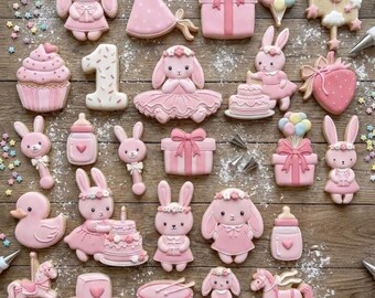 Juego completo de 26 cortadores de galletas de cumpleaños de conejito, cortador de galletas para baby shower, cortador de galletas de cumpleaños con edad personalizada