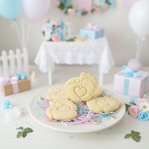May include: A plate of baby shower cookies shaped like baby feet with heart cutouts. The cookies are light yellow and sit on a bed of pink and blue paper shreds. The background includes gifts, balloons, and flowers.