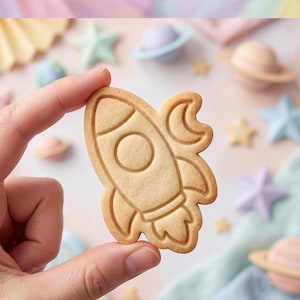 May include: A light tan, rocket-shaped cookie with embossed outlines of a spacecraft and a crescent moon. The cookie features a pointed nose cone, a circular window, and flame-like details at the base, showcasing a smooth, baked texture.