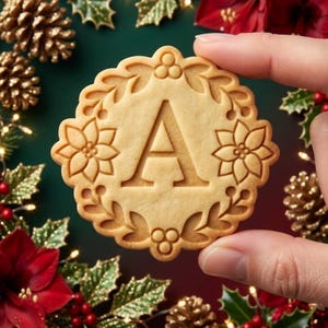 May include: A round, light-tan cookie featuring a debossed capital letter A in the center. The cookie is decorated with a relief pattern of poinsettia flowers, holly leaves, and berries arranged in a circular wreath design around the letter.