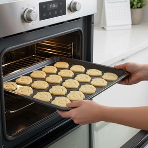 May include: A baking sheet filled with raw, light-colored cookies is being pulled from a stainless steel oven. The cookies are shaped like a lion's face. The oven door is open, revealing the interior and a rack.